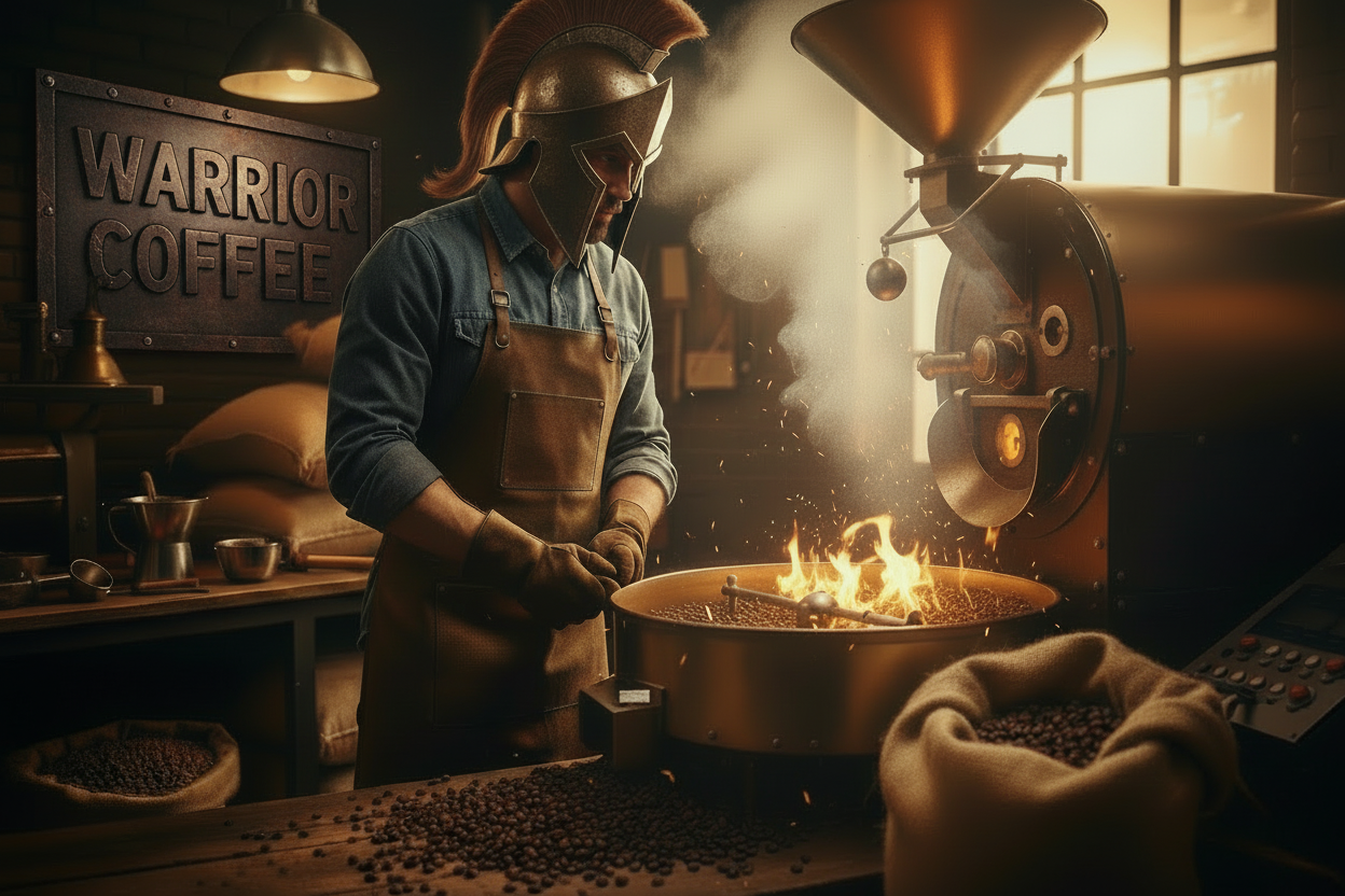 include a forged metal sign that says Warrior Coffee on the back wall